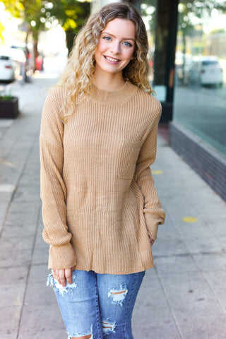 Classy Chic Taupe Mock Neck Chest Pocket Knit Sweater