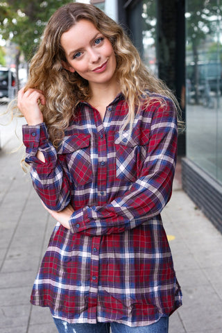 Make a Move Cabernet Plaid Button Down Long Sleeve Top