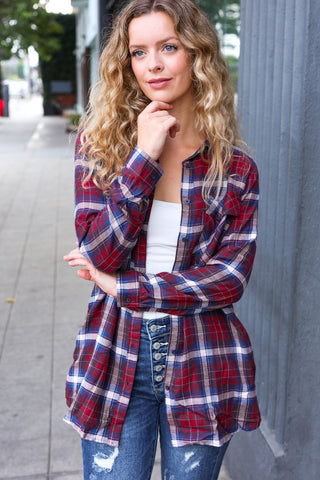 Make a Move Cabernet Plaid Button Down Long Sleeve Top