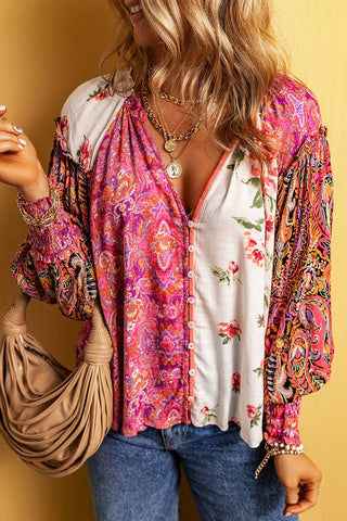 Floral Patchwork Shirred Cuff Buttoned V Neck Blouse