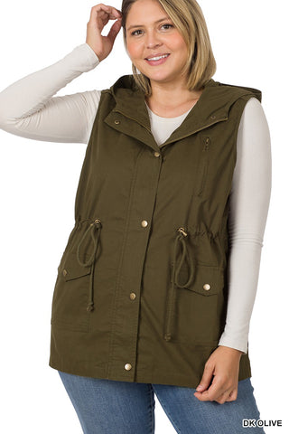 DRAWSTRING WAIST MILITARY HOODIE VEST