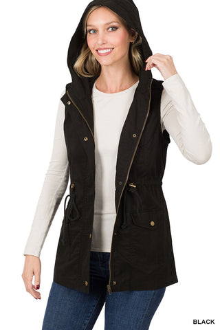 DRAWSTRING WAIST MILITARY HOODIE VEST