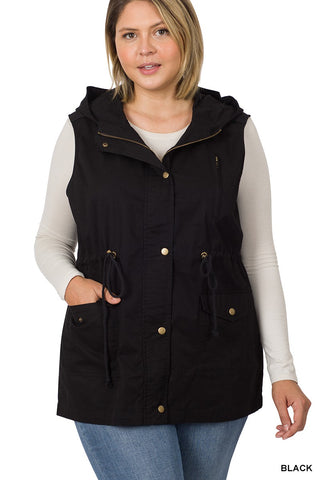 DRAWSTRING WAIST MILITARY HOODIE VEST