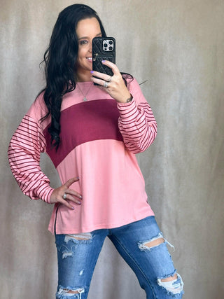 Blush Blossom Colorblock Striped Bishop Sleeve Top