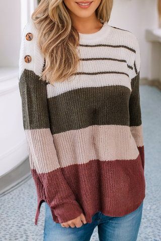 LDC Color Block Striped Buttoned Shoulder Split Sweater