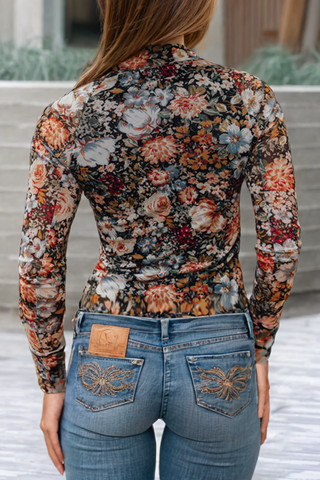 LDC  Floral Long Sleeve High Neck Sheath Mesh Blouse