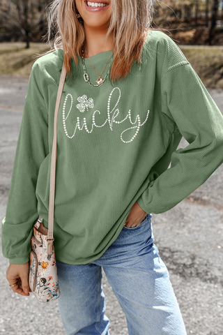 LDC Rhinestone Clover Graphic Ribbed St Patrick Sweatshirt