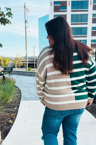 Hunter Green & Taupe Striped Color Block Sweater