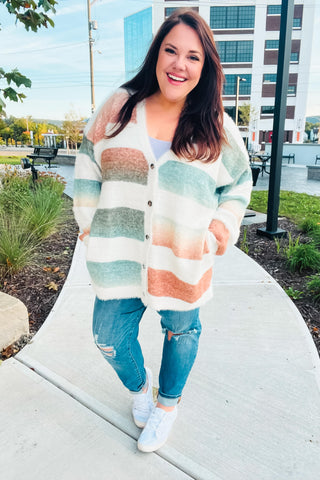 Ivory Striped Button Down Fuzzy Knit Cardigan