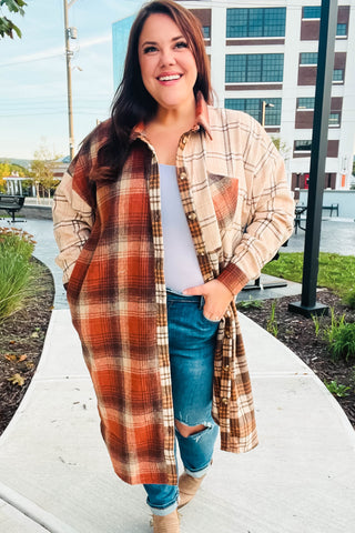 Stand Out Rust & Taupe Color Block Plaid Longline Shacket