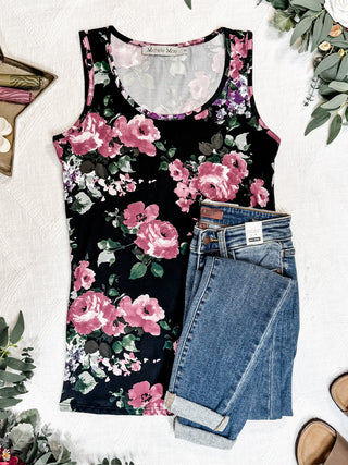 IN STOCK Luxe Crew Tank - Black and Mauve Floral