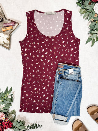 IN STOCK Luxe Crew Tank - Micro Burgundy Floral