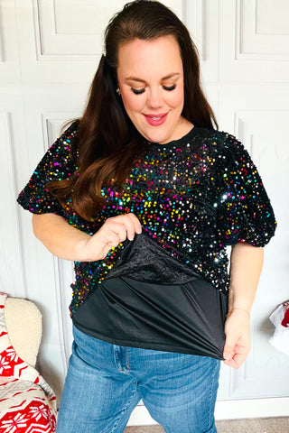 Holiday Ready Black Velvet Multicolor Sequin Puff Sleeve Top