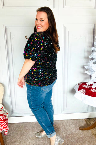 Holiday Ready Black Velvet Multicolor Sequin Puff Sleeve Top