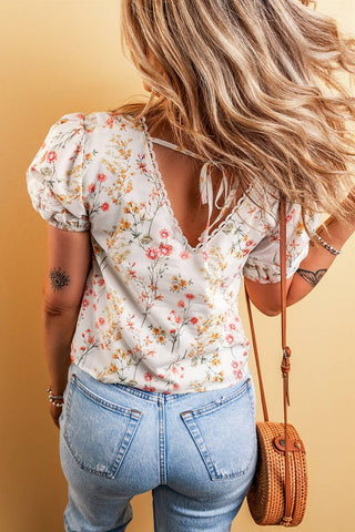 Boho Floral Lace Trim Short Sleeve Blouse