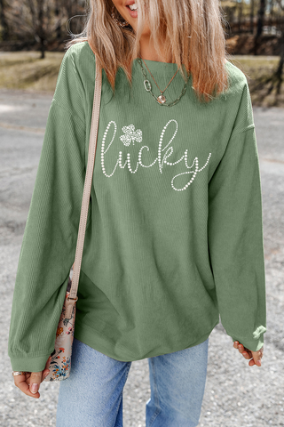 LDC Rhinestone Clover Graphic Ribbed St Patrick Sweatshirt