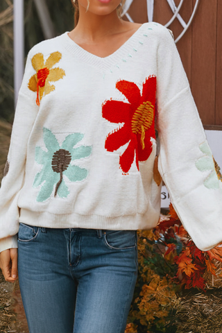 LDC Big Flower Pattern V Neck Drop Shoulder Sweater